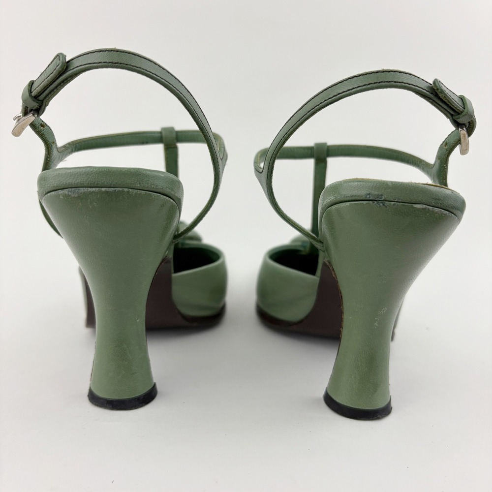 Vintage Prada Green Leather Rose T Strap Heels Size 36 Floral Knot Square Toe - Picture 6 of 14